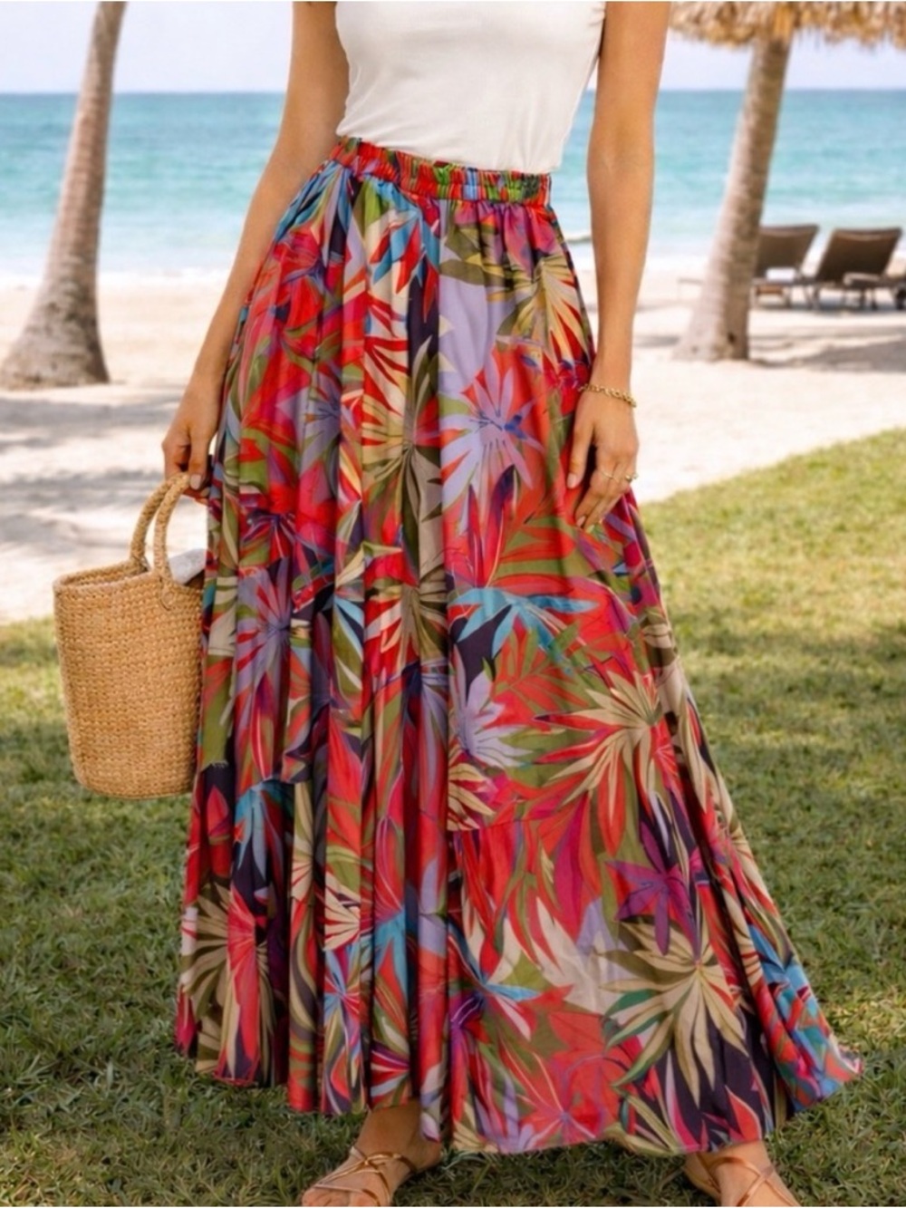 Rachel Zoe Tropical Palm Print Maxi Skirt Boho Pink & Purple Floral Size Medium - Picture 8 of 9